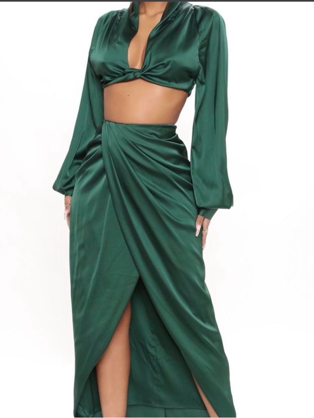 Fashion Nova Satin Emerald Green Skirt Set